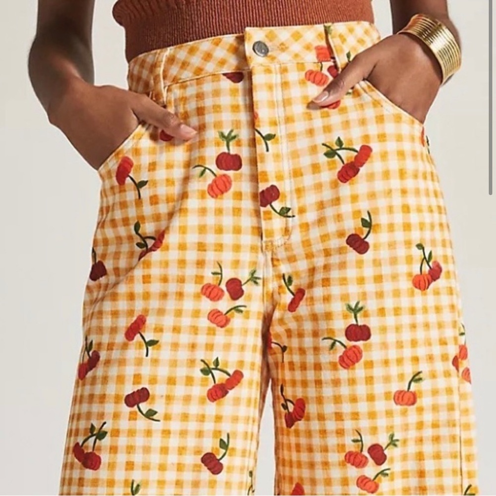 Farm Rio x Anthropology Gingham Cherry Wide-leg Pants